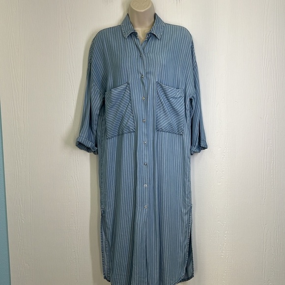Zara - Light Blue White Stripe Button Down Lightweight Midi Dress Size Medium - Picture 2 of 11